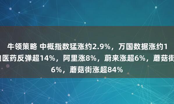 牛领策略 中概指数猛涨约2.9%，万国数据涨约15%，再鼎医药反弹超14%，阿里涨8%，蔚来涨超6%，蘑菇街涨超84%